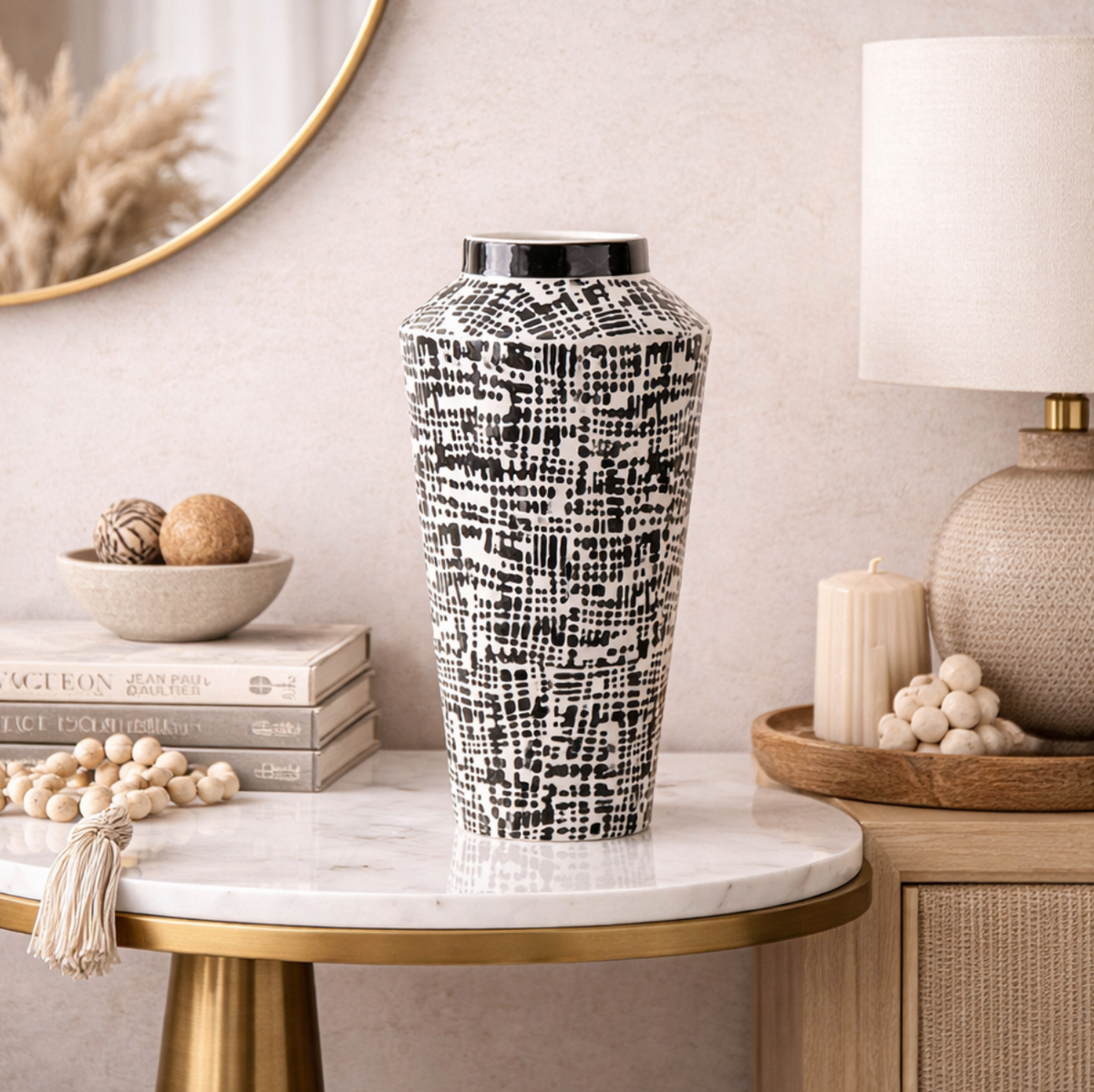 Monochrome Weave Vase, black and white woven-pattern vase on a marble side table