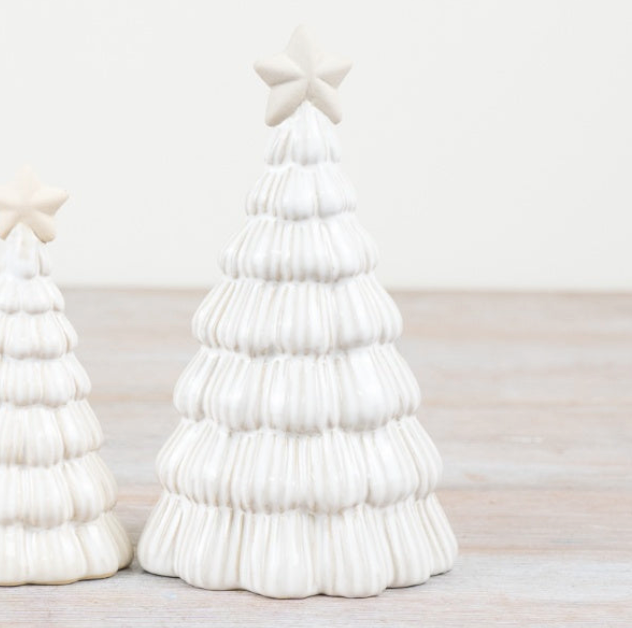 Neutral Star Tree Ornament - Large beside a smaller one, showing the ribbed glaze