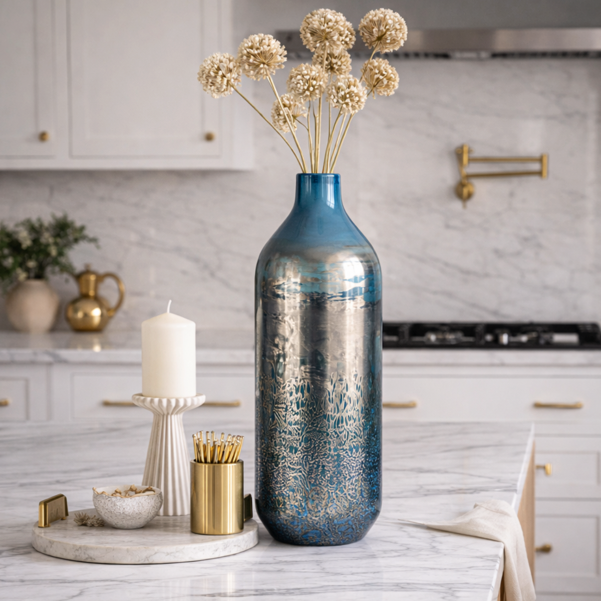 Nocturne Tide Glass Tall Vase with dried flowers in a marble kitchen with candles