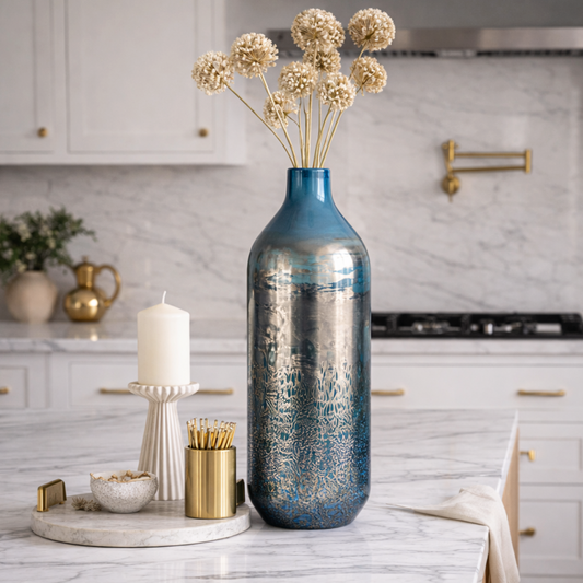 Nocturne Tide Glass Tall Vase with dried flowers in a marble kitchen with candles