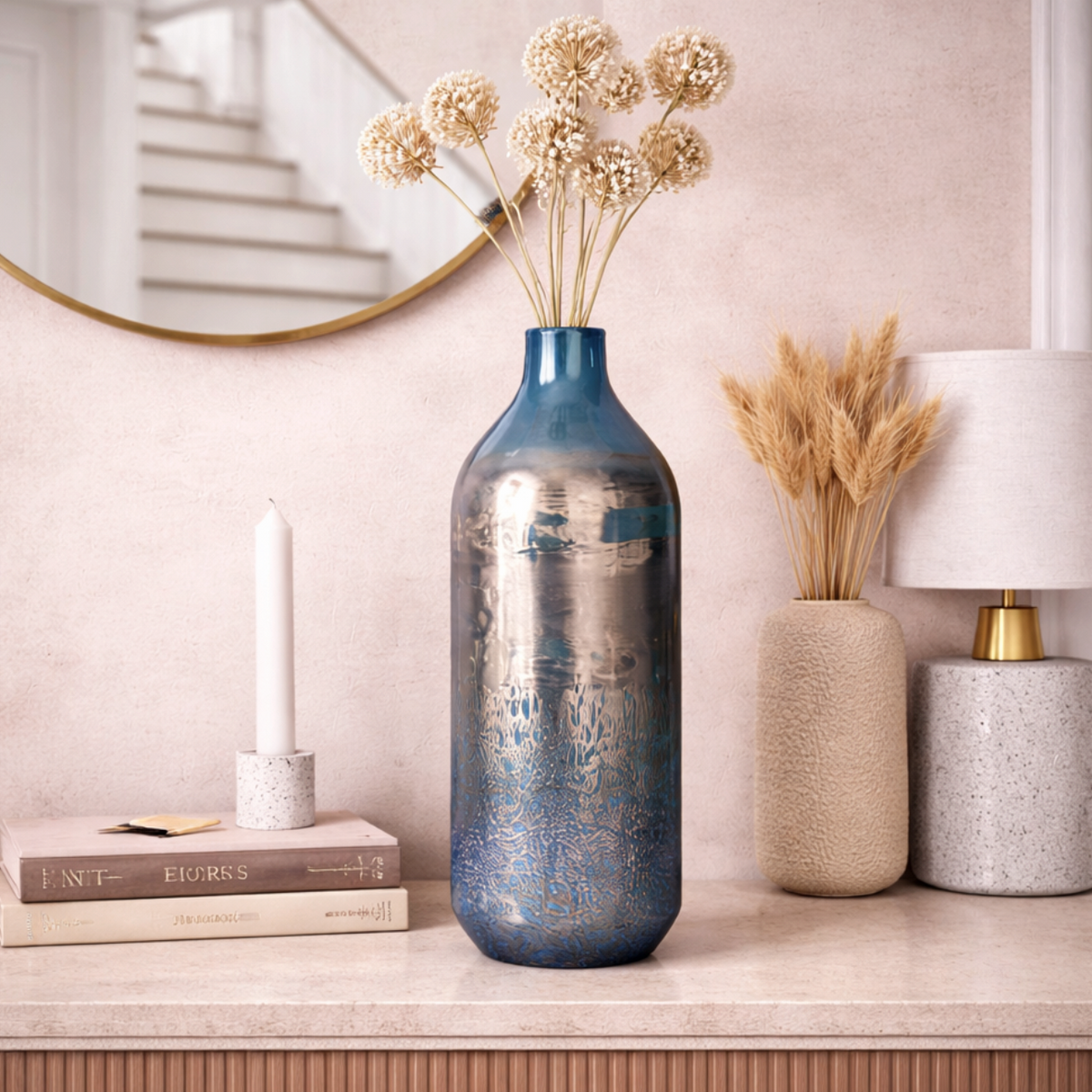 Nocturne Tide Glass Tall Vase, blue and silver bottle vase with dried flowers on a counter