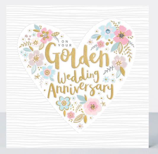 On Your Golden Anniversary card with gold Golden Wedding Anniversary lettering in a floral heart