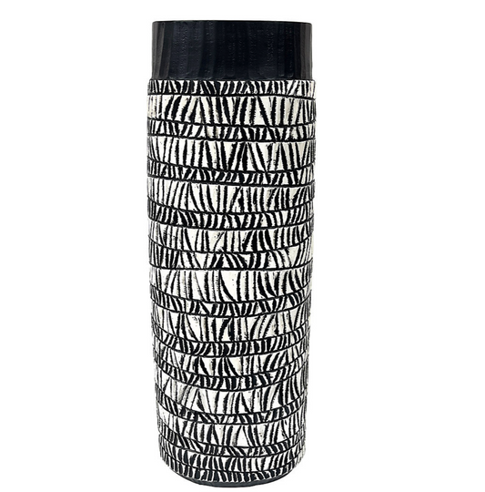 Patterned Oval Vase - Large with black rim and hand-drawn line pattern, on white
