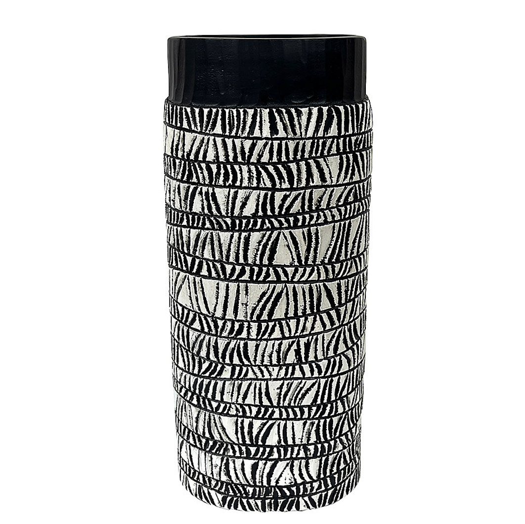 Patterned Oval Vase - Medium, cylinder with black and white line pattern and black rim, on white