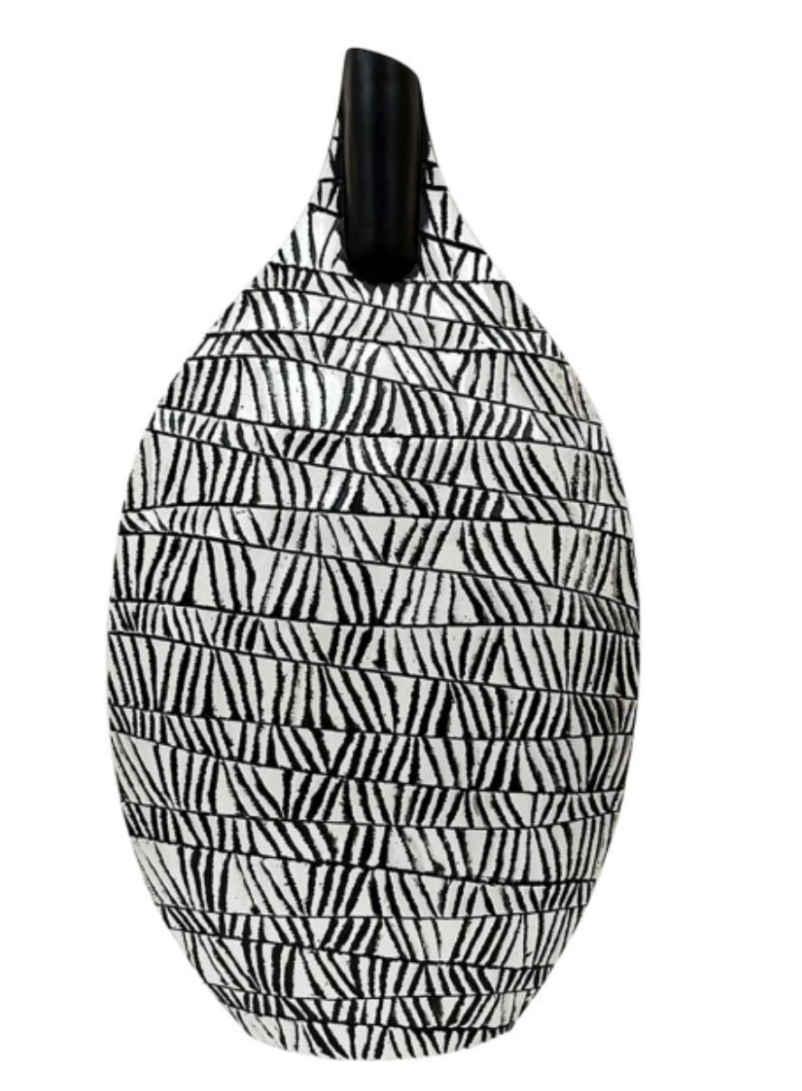 Patterned Teardrop Vase - Large, teardrop body with black and white line pattern, on white