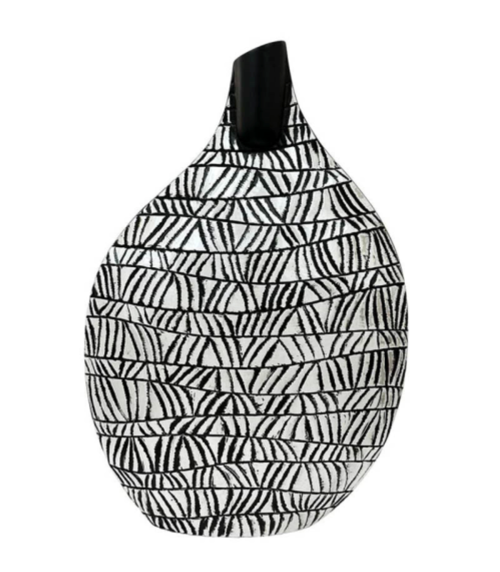 Patterned Teardrop Vase - Medium, black and white patterned body with black neck, on white