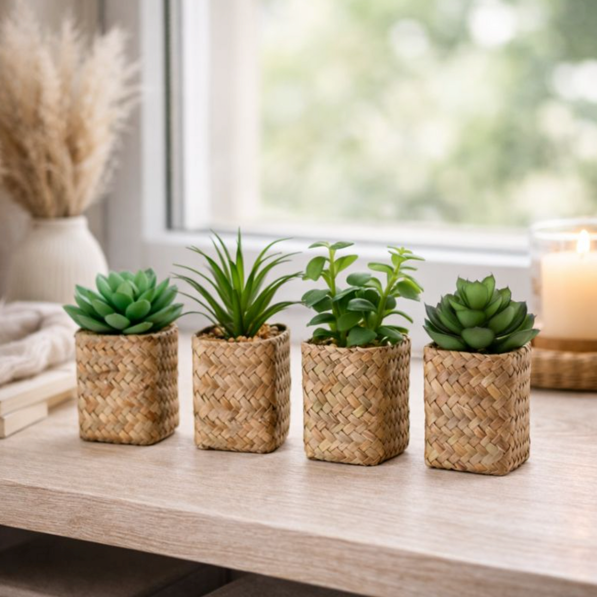 Petite Artificial Succulent in Woven Basket, four small green succulents in seagrass baskets on a windowsill