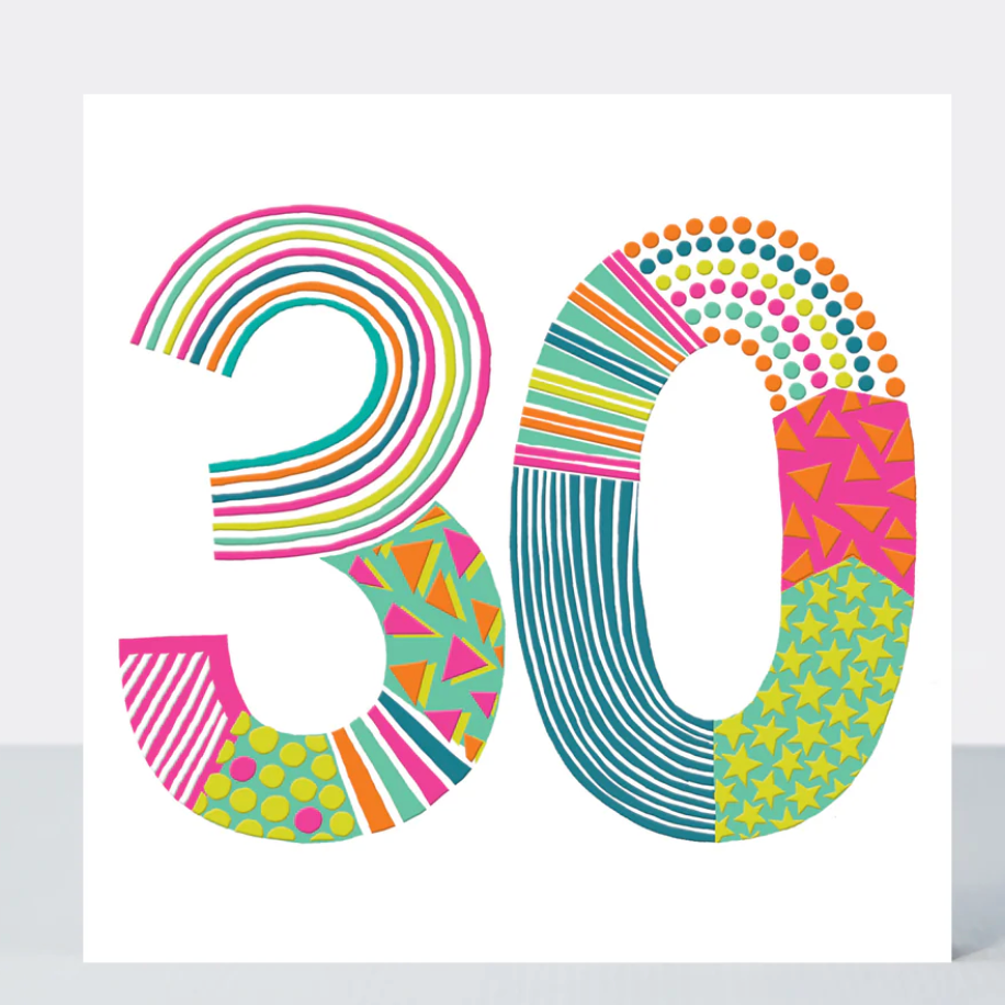 Pop 30 Birthday Card, a white greetings card with a large 30 in bright rainbow stripes and dots