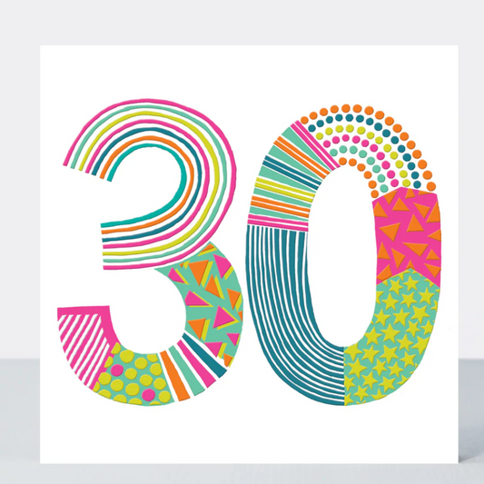Pop 30 Birthday Card, a white greetings card with a large 30 in bright rainbow stripes and dots
