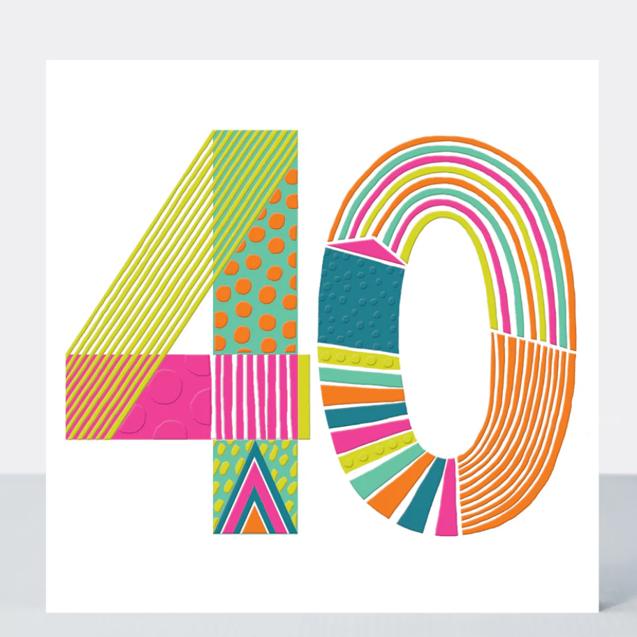 Pop 40 Birthday Card, a white greetings card with a large 40 made of colourful stripes and triangles