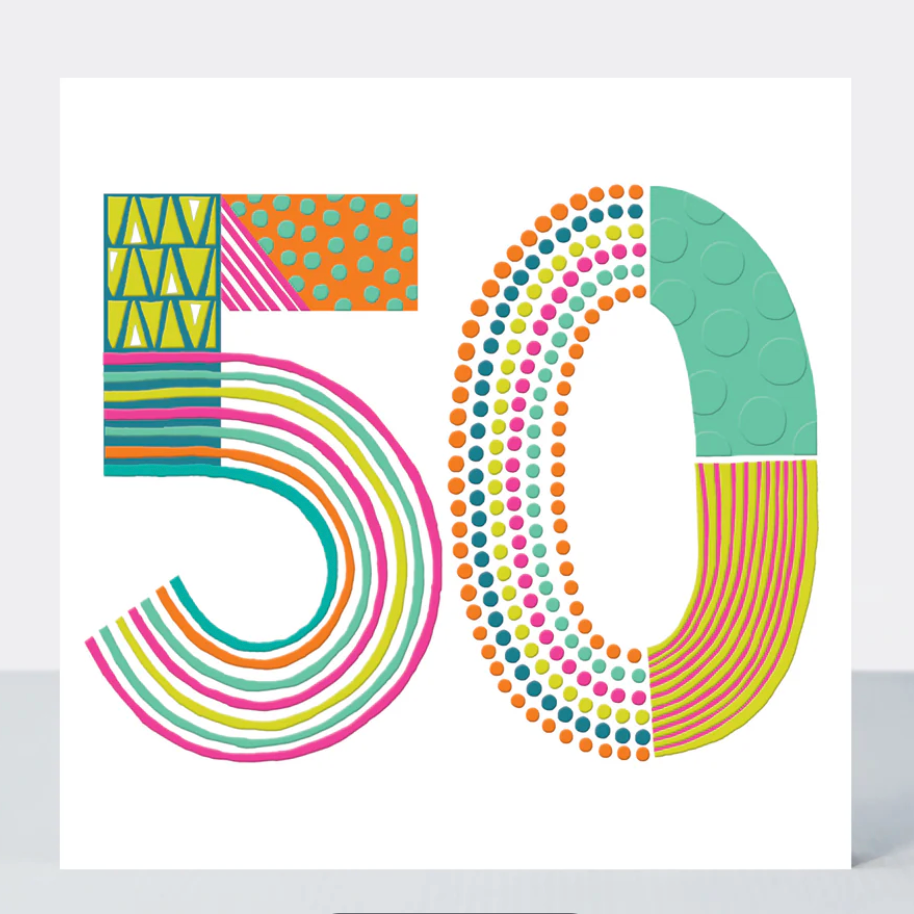 Pop 50 Birthday Card, a white greetings card with a large 50 filled with colourful patterns