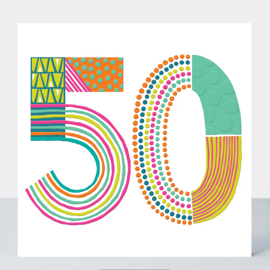 Pop 50 Birthday Card, a white greetings card with a large 50 filled with colourful patterns