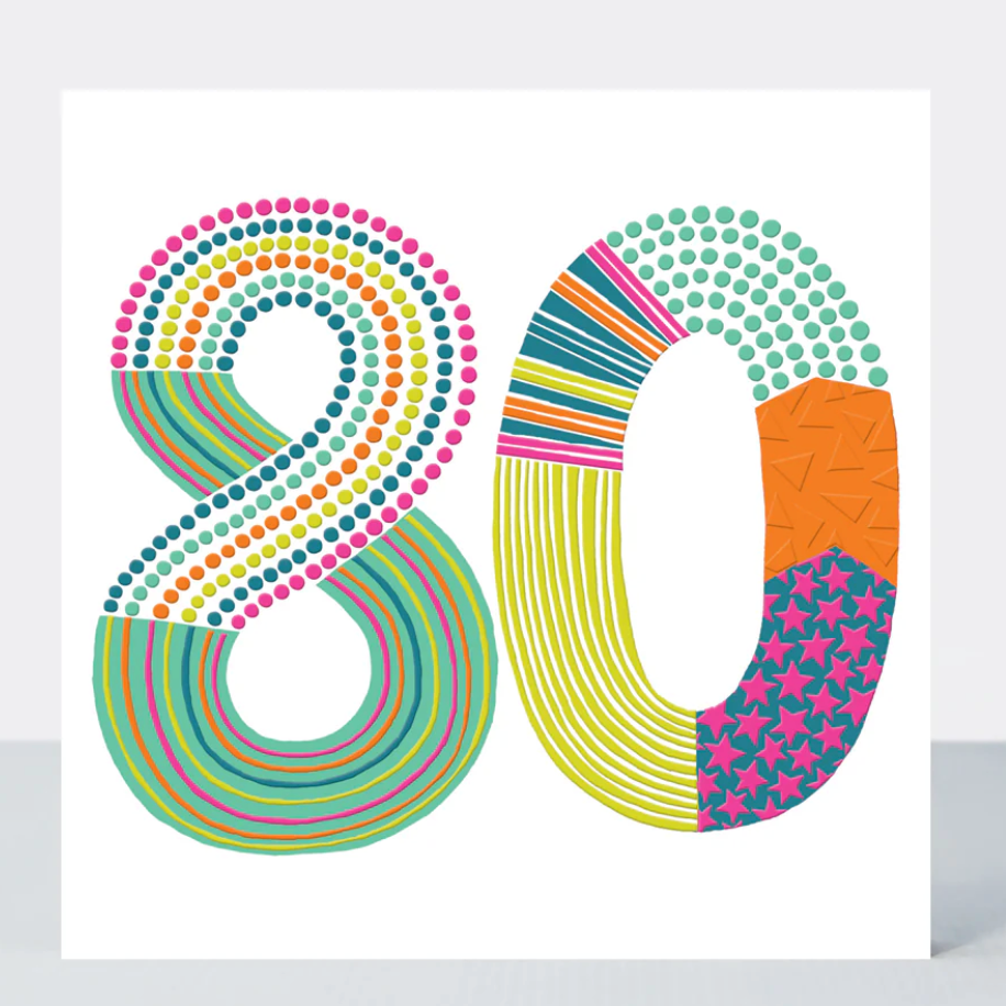 Pop 80 Birthday Card, a white greetings card with a large 80 in colourful dotted and striped patterns