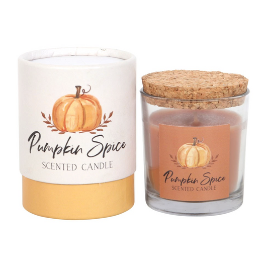 Pumpkin Spice Autumn Candle with cork lid next to its white and orange box, on white