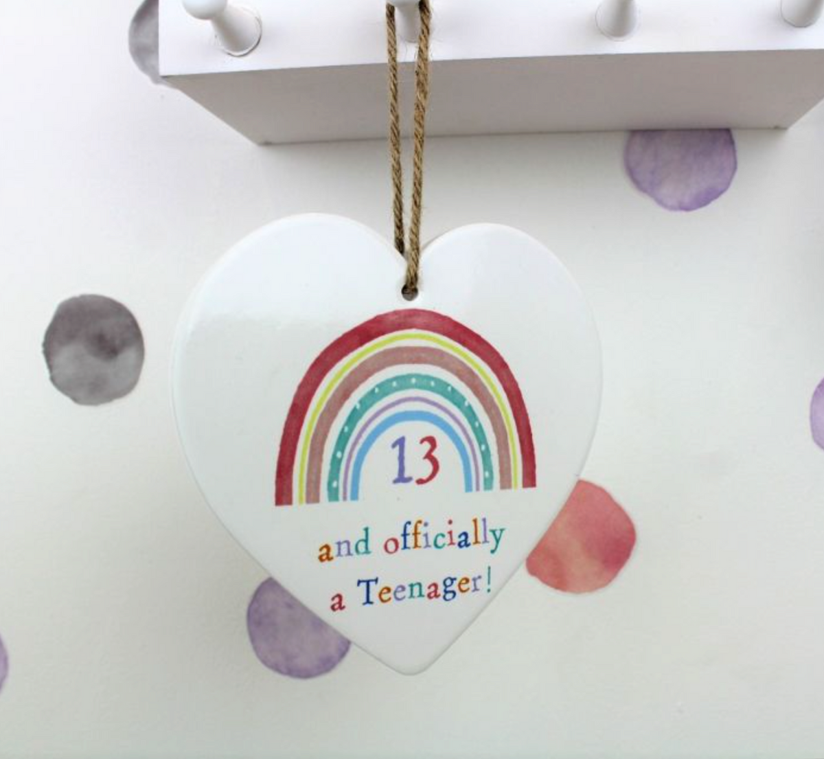 Rainbow Teenager White Ceramic Hanging Heart with a rainbow and 13 and officially a teenager text