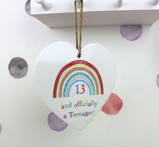 Rainbow Teenager White Ceramic Hanging Heart with a rainbow and 13 and officially a teenager text