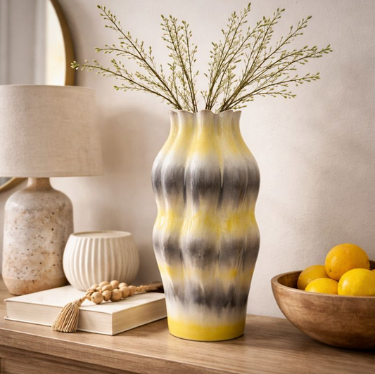 Reactive Glaze Sculptural Ceramic Vase, wavy vase in yellow, grey and white glaze with dried stems