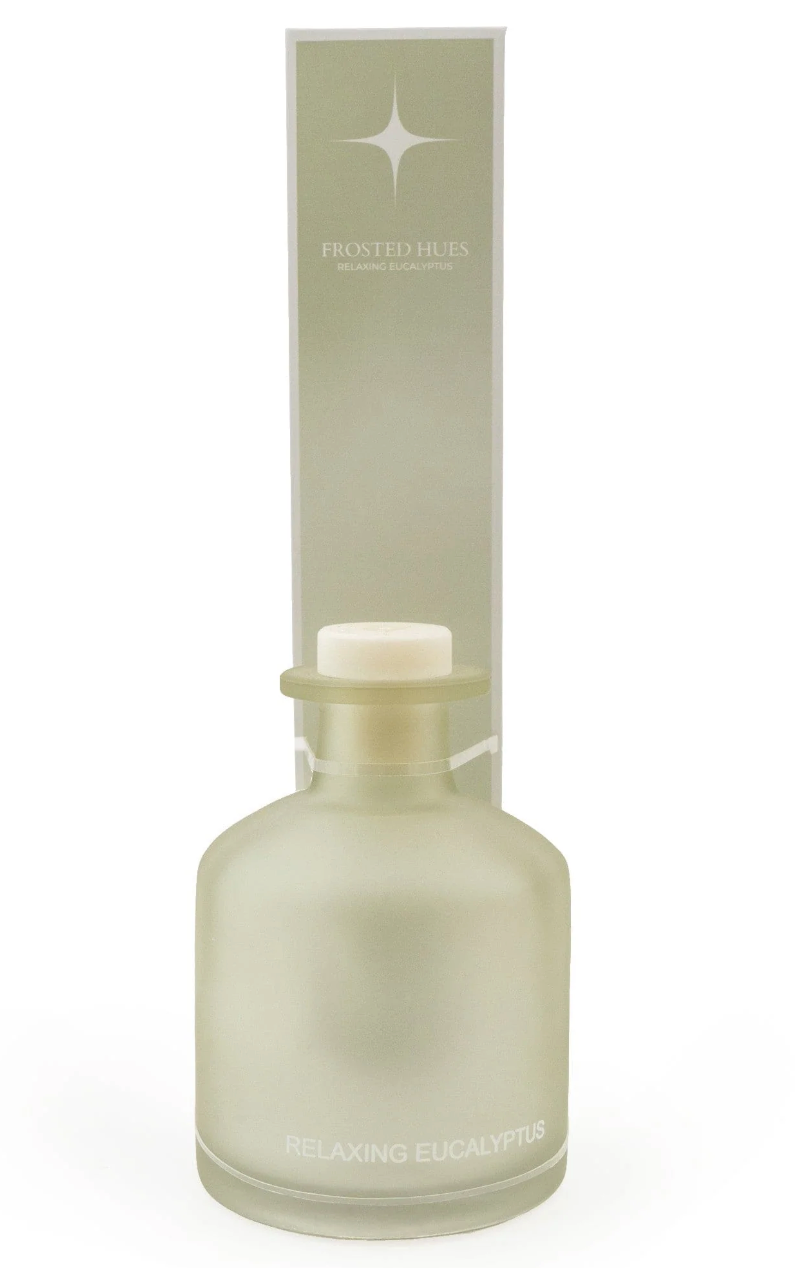 Relaxing Eucalyptus Reed Diffuser, 250ml, frosted sage green bottle with a tall label card, on white