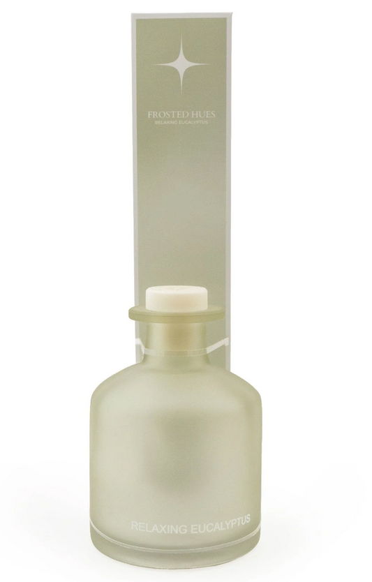 Relaxing Eucalyptus Reed Diffuser, 250ml, frosted sage green bottle with a tall label card, on white