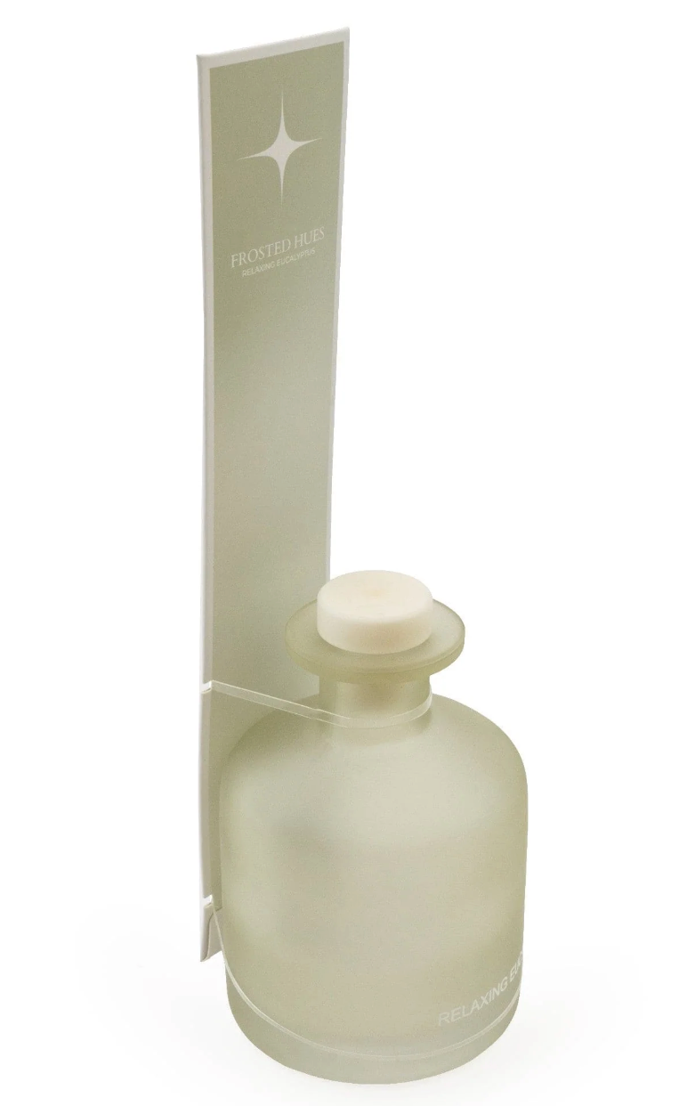 Relaxing Eucalyptus Reed Diffuser, 250ml, side angle of the frosted green bottle and label on white