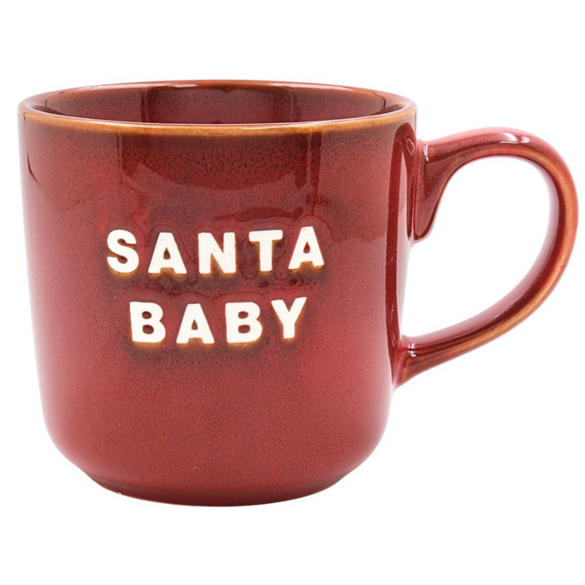 Santa Baby Mug, glossy red with Santa Baby text in cream, on white