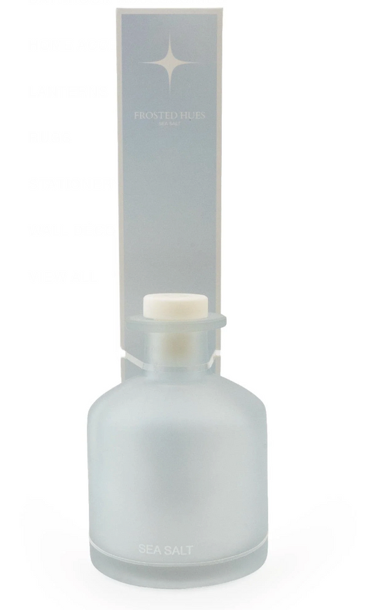 Sea Salt Reed Diffuser, 250ml, frosted glass bottle with cream stopper and tall label card, on white
