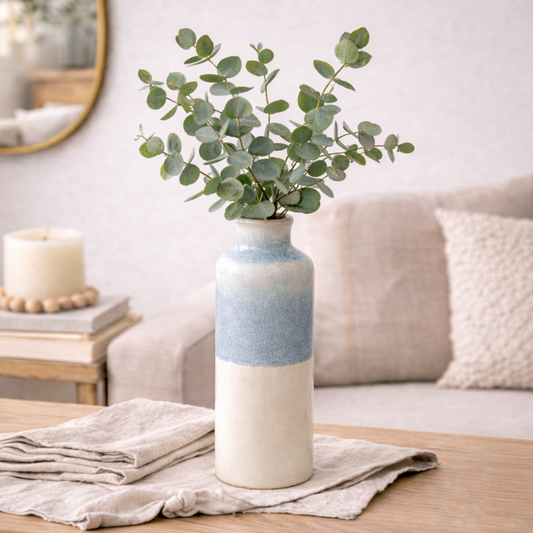 Serene Blue Reactive Glaze Vase, Large, blue and cream ombre glaze with eucalyptus stems
