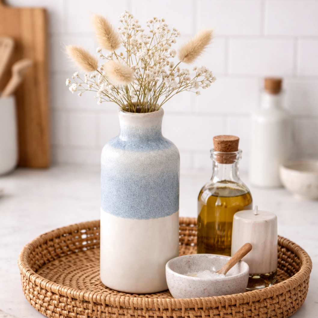 Serene Blue Reactive Glaze Vase, Small with dried gypsophila on a rattan tray in a kitchen
