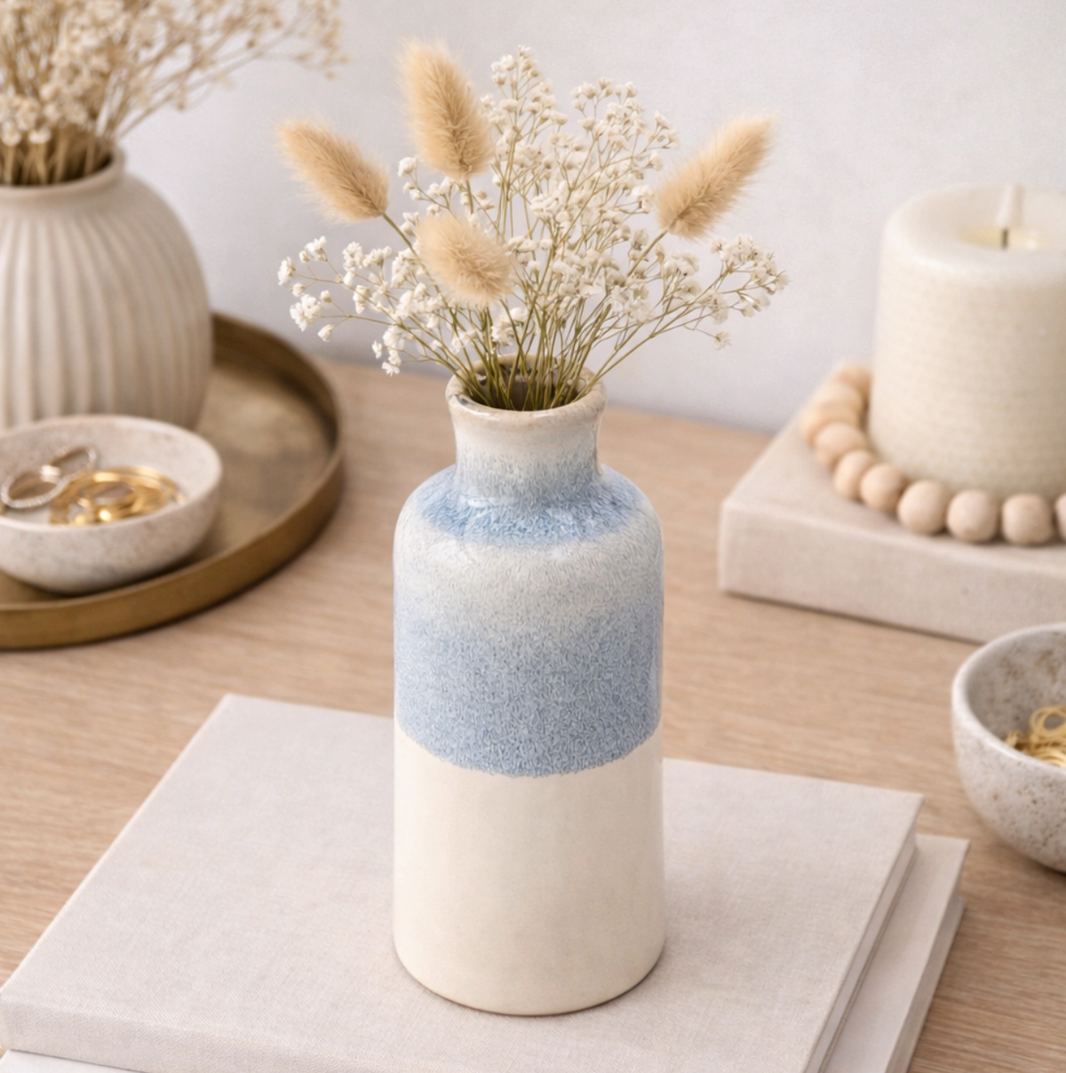 Serene Blue Reactive Glaze Vase, Small, blue and cream ombre vase with dried flowers