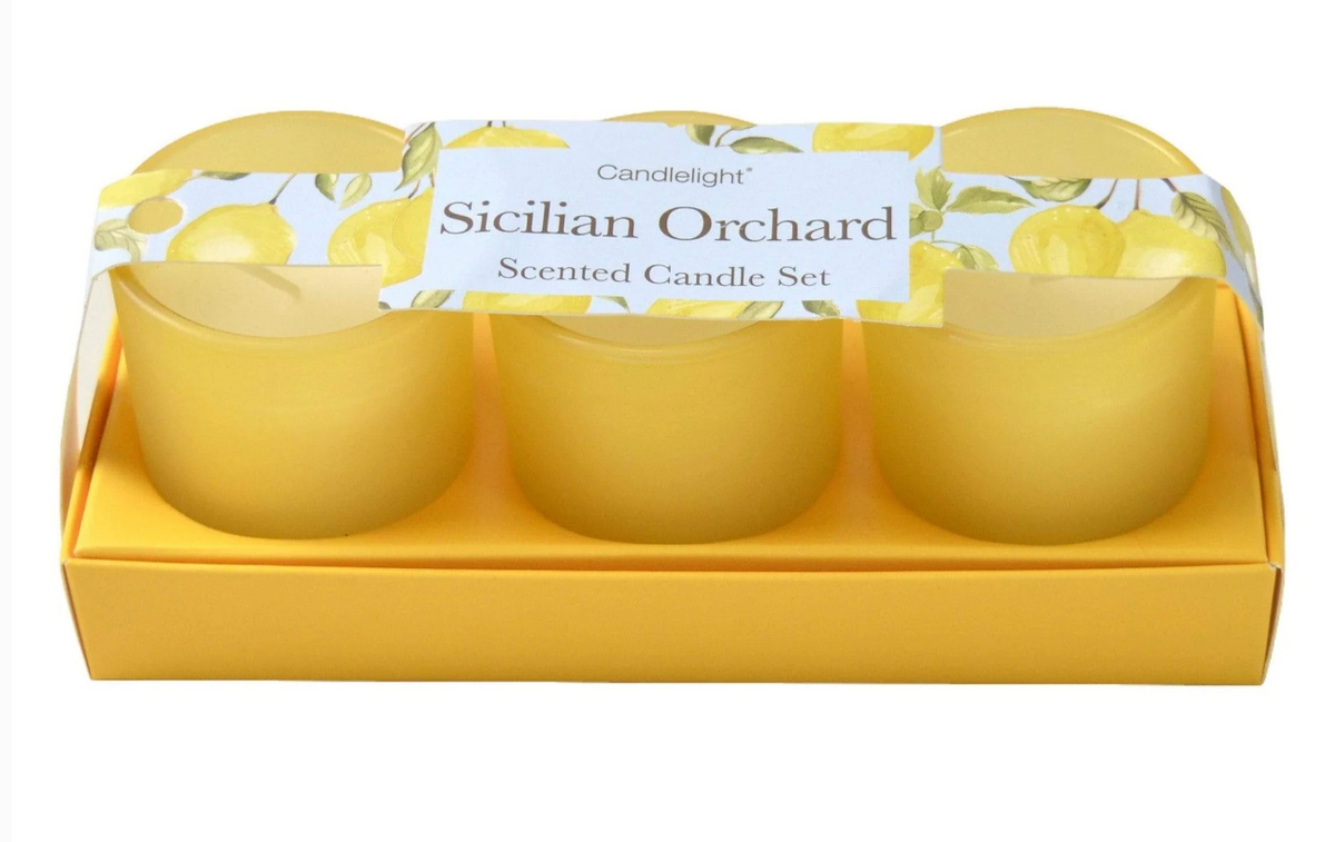 Sicilian Orchard Set of 3 Mini Votive Candles, three yellow glass votives in their open gift box