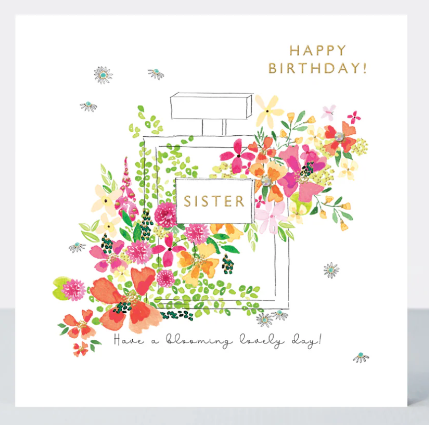 Sister Perfume Birthday Card with a flower-filled perfume bottle labelled Sister and Happy Birthday