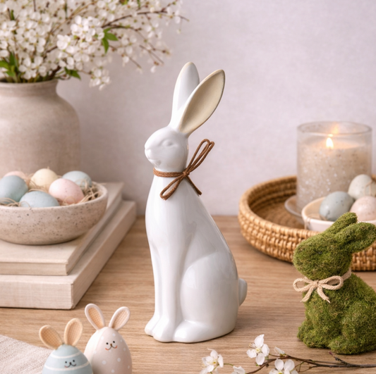 Sitting Rabbit Ornament, Small, white ceramic hare with twine bow among Easter eggs