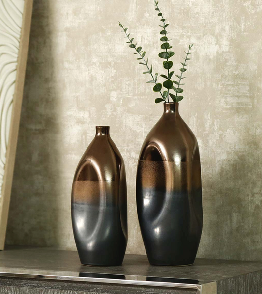Smoked Bronze Ceramic Vase, Medium, paired with the large size on a shelf, both with eucalyptus sprigs