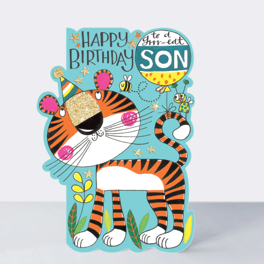 Son Tiger Birthday Card, a die-cut greetings card with a cartoon tiger and a Happy Birthday Son badge