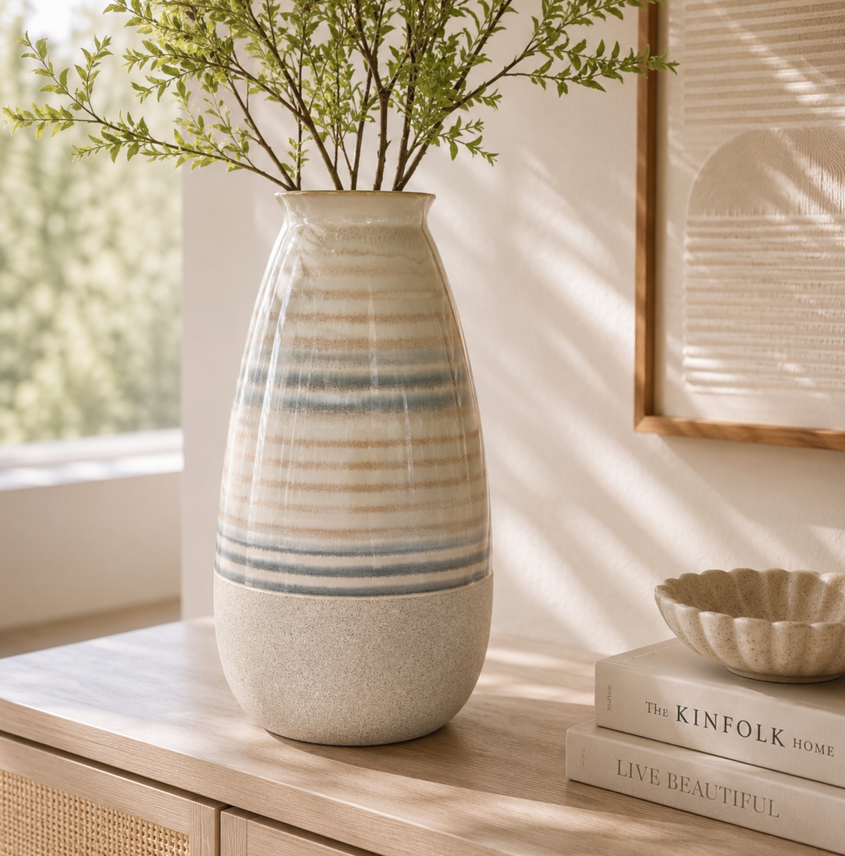Striped Ceramic Vase in Neutral Glaze, Medium, cream vase with blue and taupe stripes holding greenery