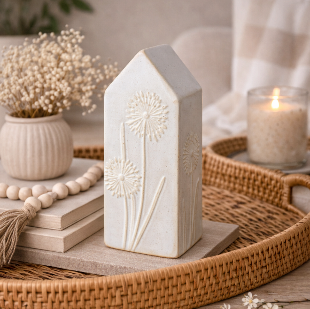 Tall Ceramic House Ornament & Dandelion Design, white house ornament with candle and beads