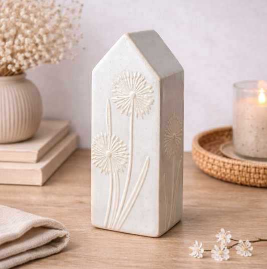 Tall Ceramic House Ornament with raised dandelion design on a tray beside dried flowers