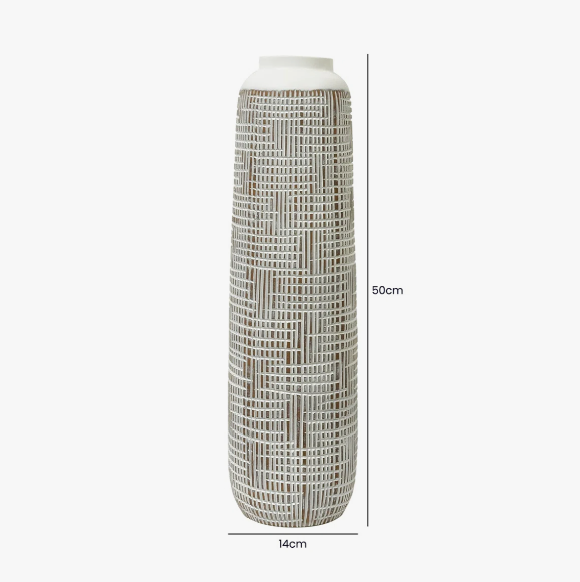 Textured Tall Polyresin Floor Vase, Large, cream and grey woven texture with height markings on white