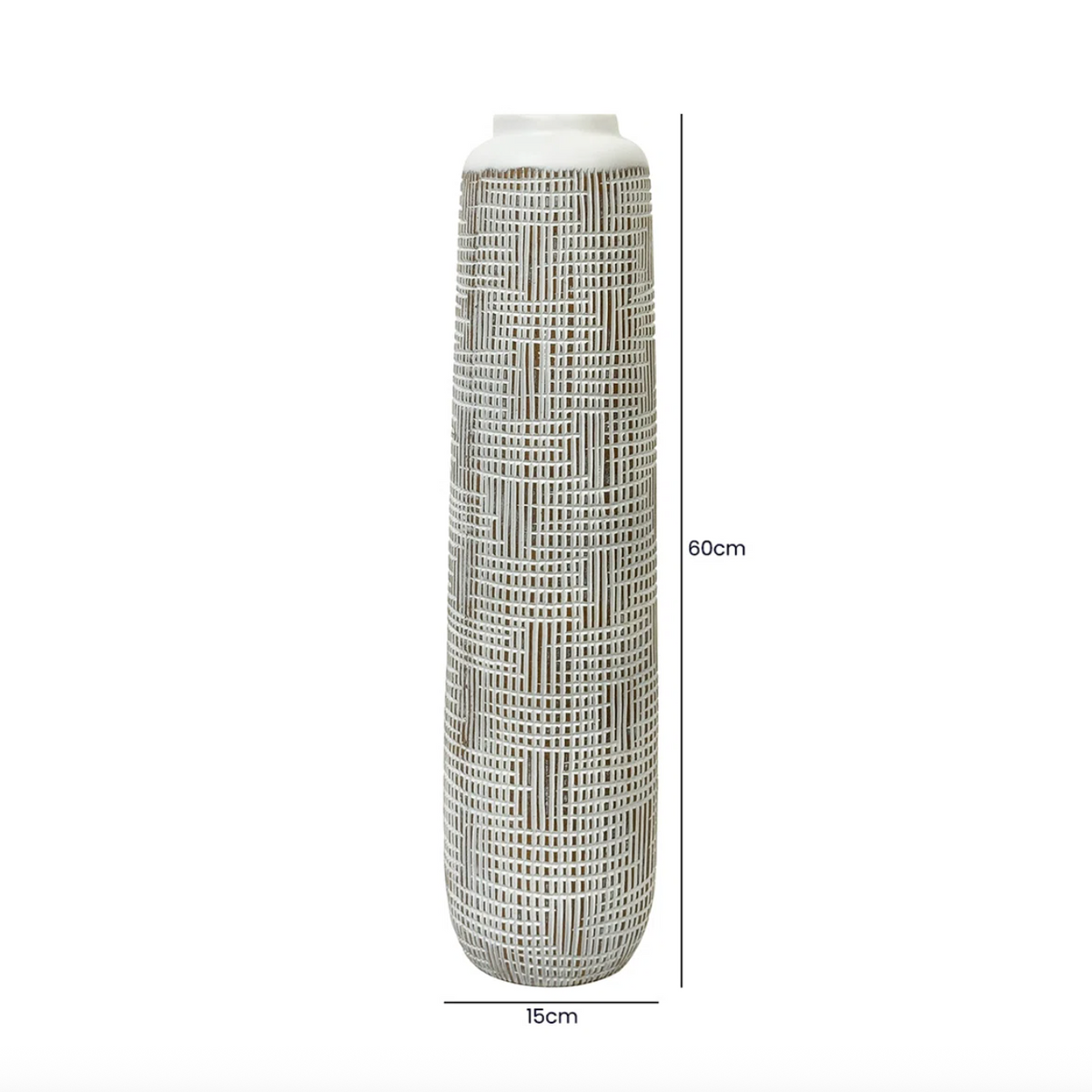 Textured Tall Polyresin Floor Vase, X-Large, grey woven-effect texture with dimension markings on white