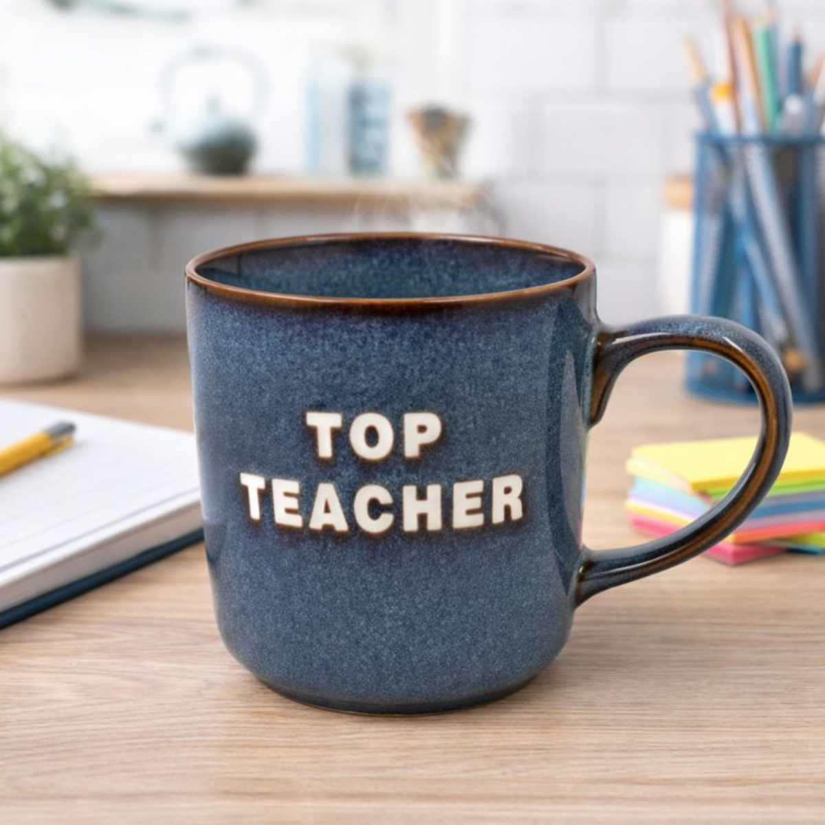 Top Teacher Stoneware Mug in speckled blue with white Top Teacher lettering, on a desk
