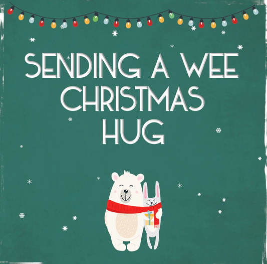 Wee Christmas Hug Card, green greetings card reading Sending a Wee Christmas Hug with a polar bear and fairy lights
