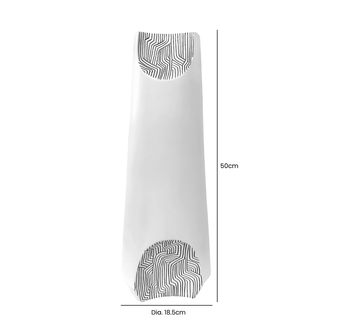 White & Grey Sculptured Vase - Large shown with height and width dimension markings