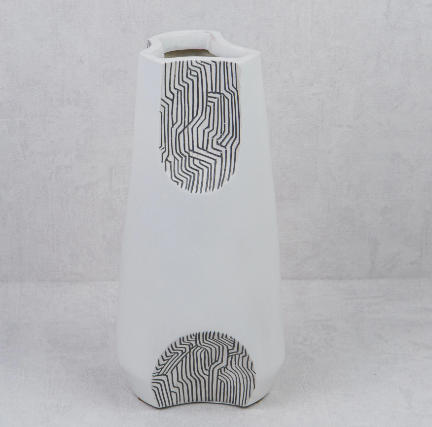 White & Grey Sculptured Vase - Medium, front view with patterned top and base panels on grey