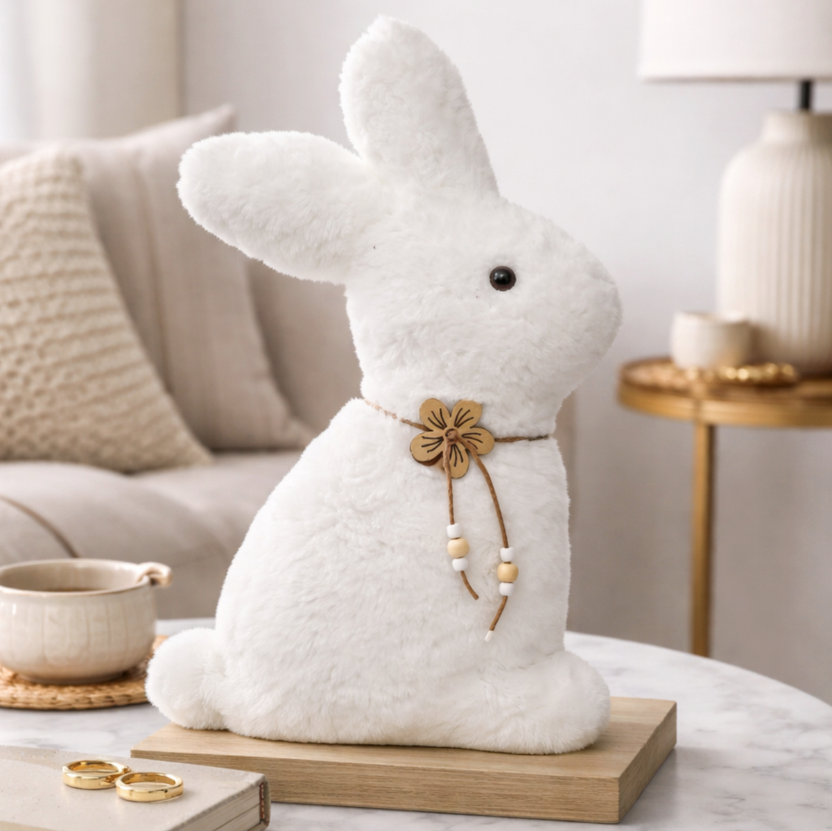 White Furry Bunny with Flower Necklace, fluffy white rabbit ornament on a coffee table