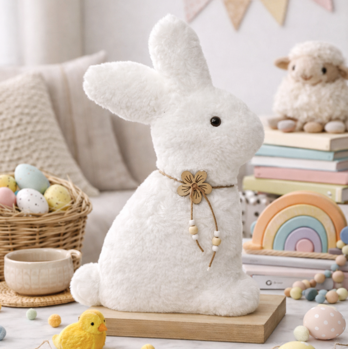 White Furry Bunny with Flower Necklace on a wooden base among Easter decorations