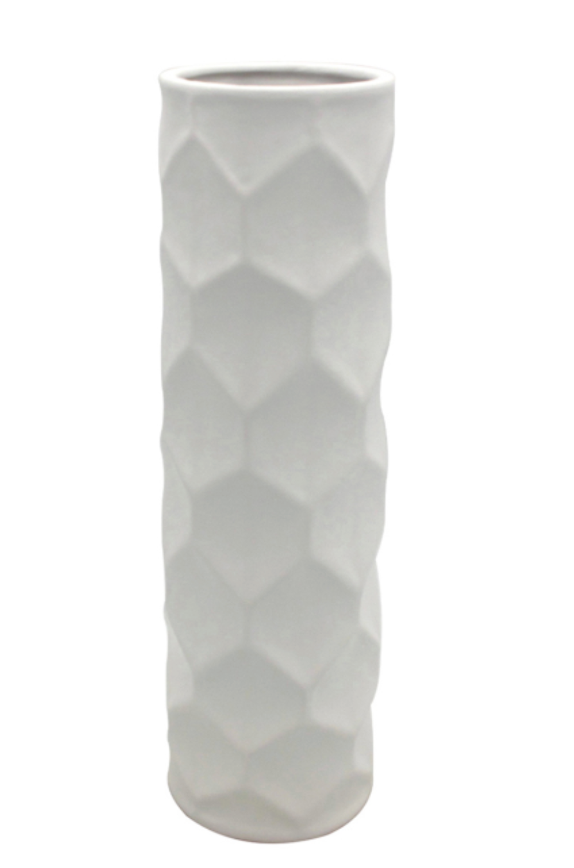 White Matte Hexagon Design Vase, alternative angle showing the textured honeycomb surface