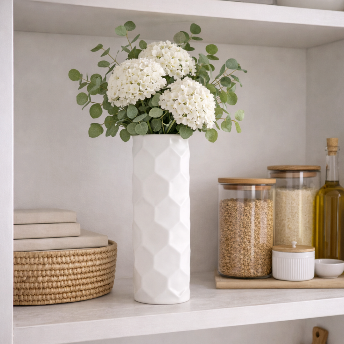 White Matte Hexagon Design Vase with white hydrangeas on a shelf beside glass jars