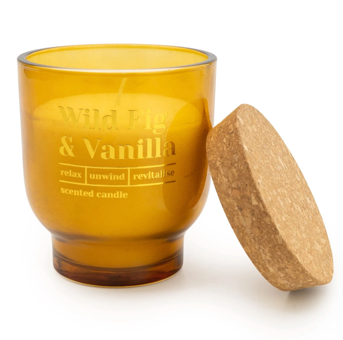 Wild Fig & Vanilla Scented Candle, amber jar shown with its cork lid removed and propped against it
