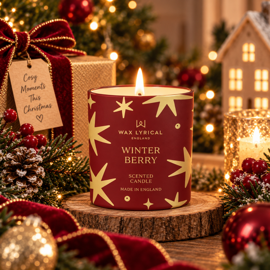 Winter Berry Candle burning in a red jar with gold stars, surrounded by festive berries and pine cones