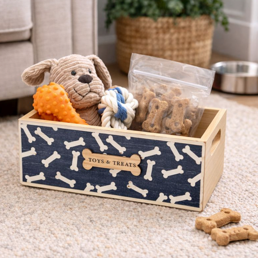 Wooden Dog Toy & Treat Storage Crate, navy bone-print wooden box filled with a teddy and dog toys
